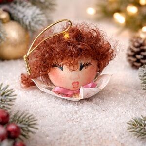 FREE w bundle of 2+ Vintage Handmade Angel Head Christmas Ornament Curly Red